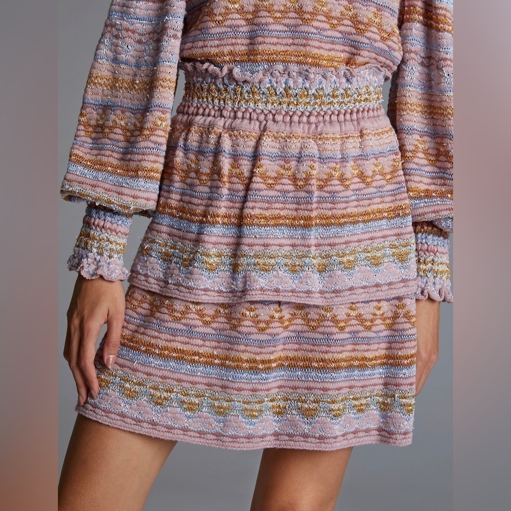 NEW Anthropologie Cecilia Prado Pink Multicolour Tiered Sweater Mini Skirt US XS